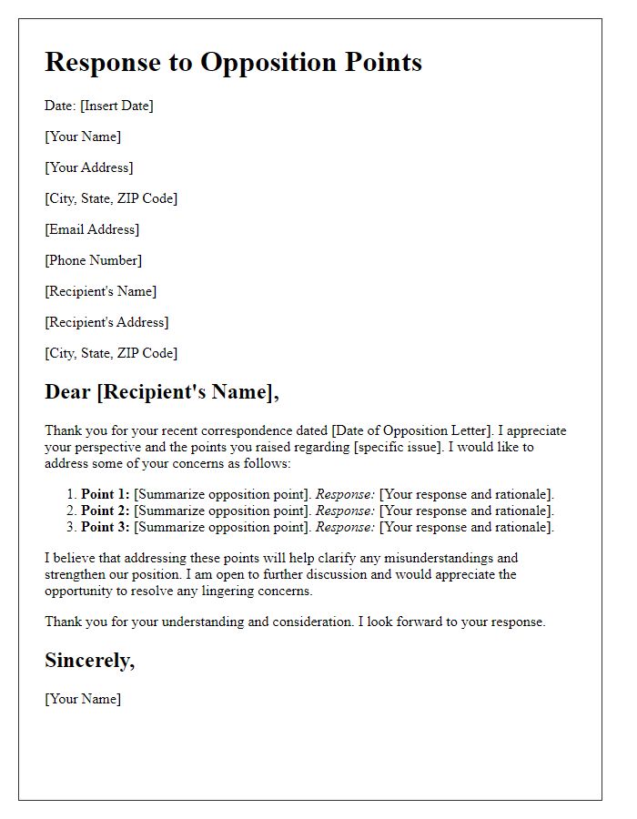 Letter template of response to opposition points