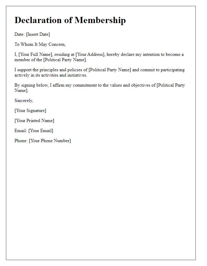 Letter template of political party membership declaration