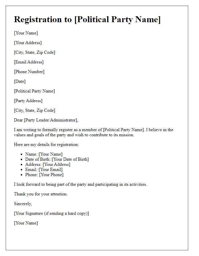 Letter template of registration to a political party