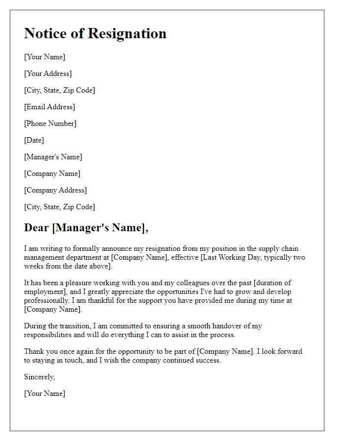 Letter template of notice of resignation in supply chain management