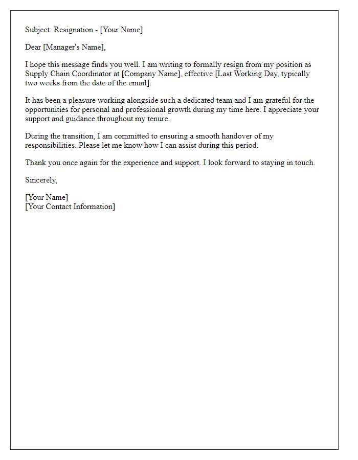 Letter template of resignation email for supply chain coordinator