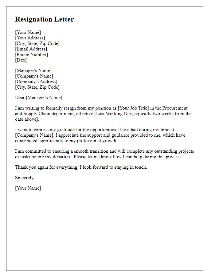 Letter template of resignation from a procurement and supply chain job