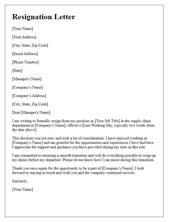 Letter template of resignation from a supply chain position