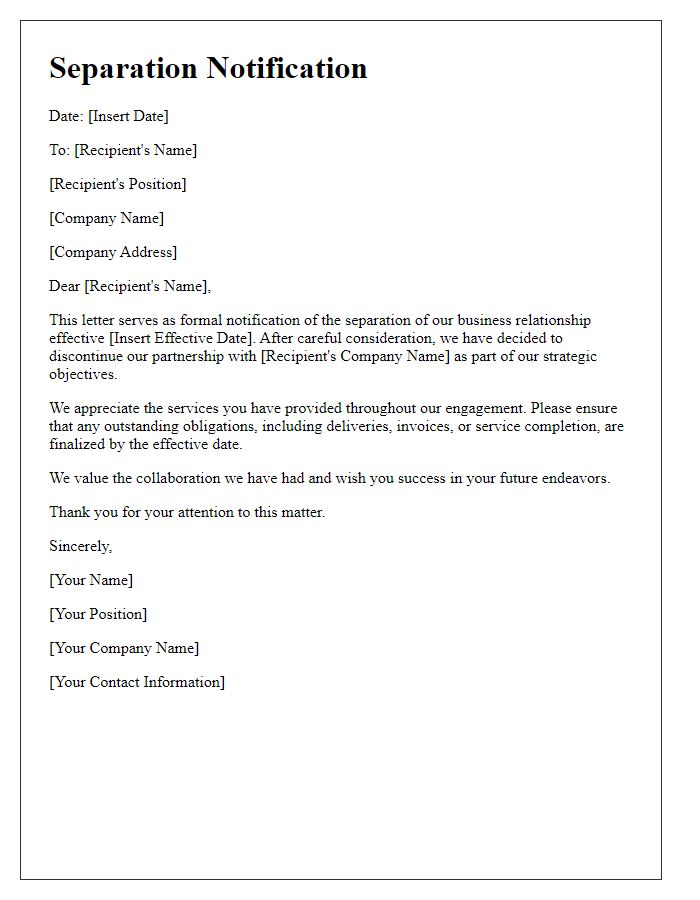 Letter template of separation notification for supply chain professionals