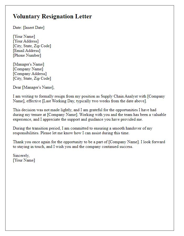 Letter template of voluntary resignation for a supply chain analyst