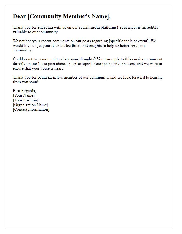 Letter template of social media engagement follow-up for community feedback.