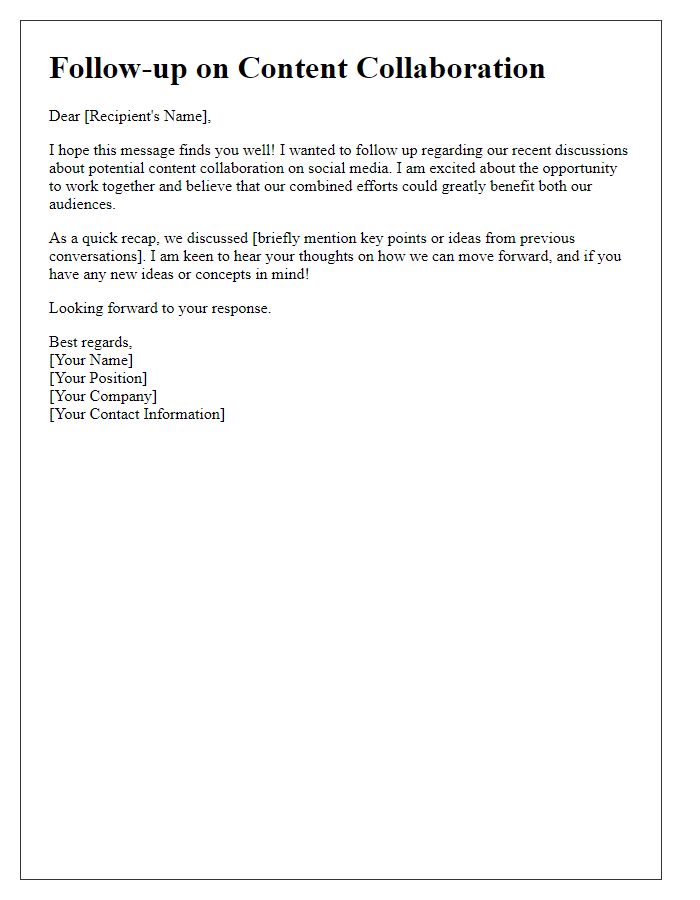 Letter template of social media engagement follow-up for content collaboration.