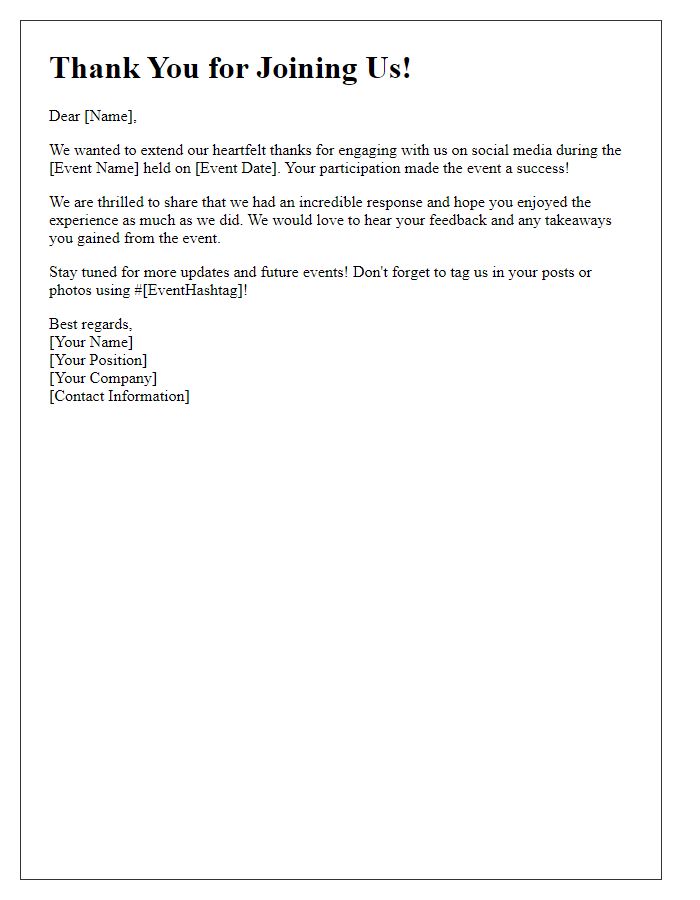 Letter template of social media engagement follow-up for event promotions.