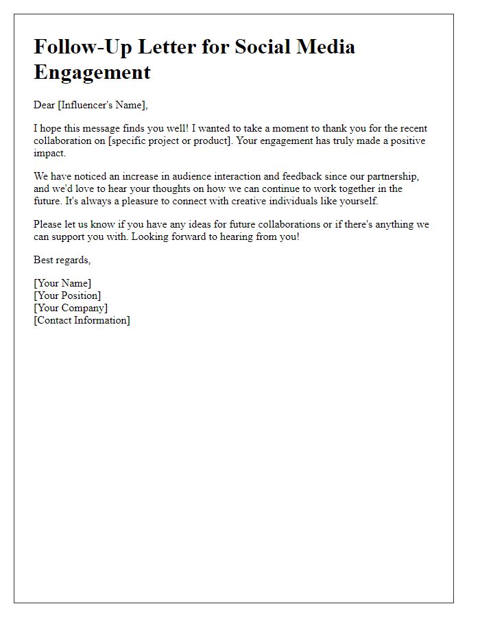 Letter template of social media engagement follow-up for influencers.