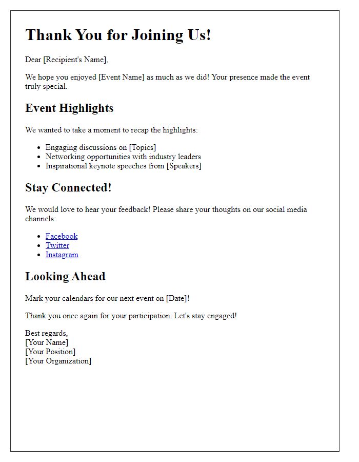 Letter template of social media engagement follow-up for post-event recap.