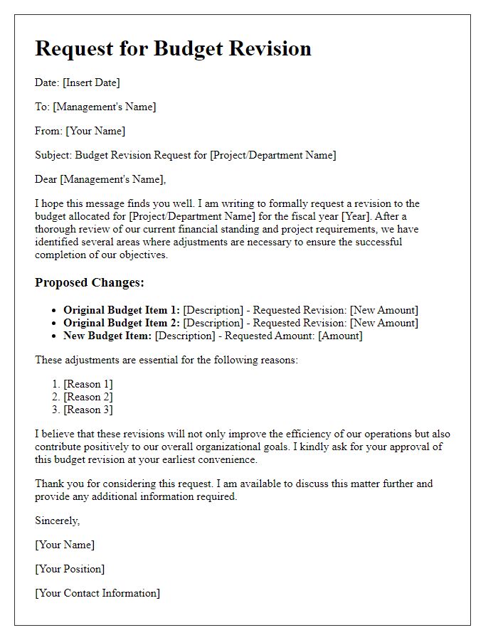 Letter template of budget revisions for management approval