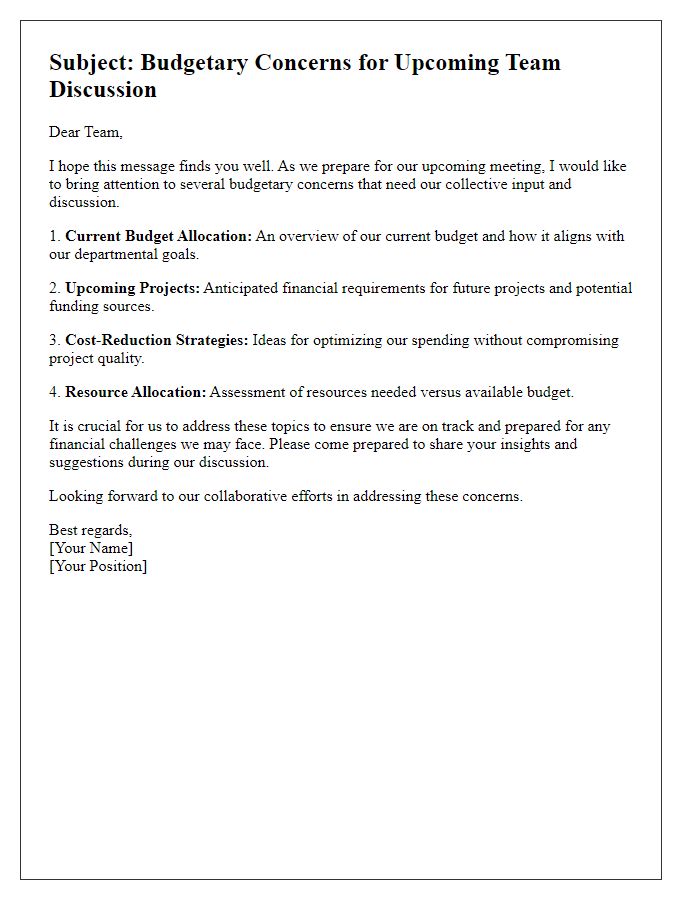 Letter template of budgetary concerns for team discussion