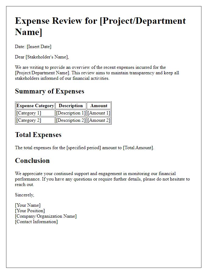 Letter template of expense review for stakeholders