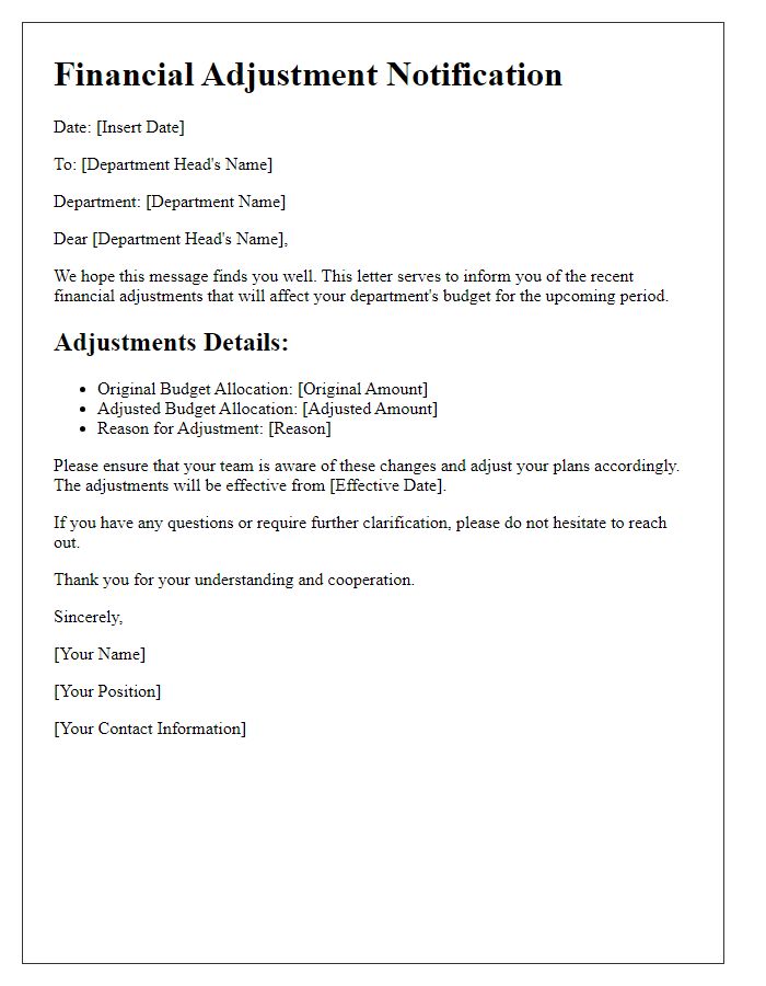 Letter template of financial adjustments for department heads