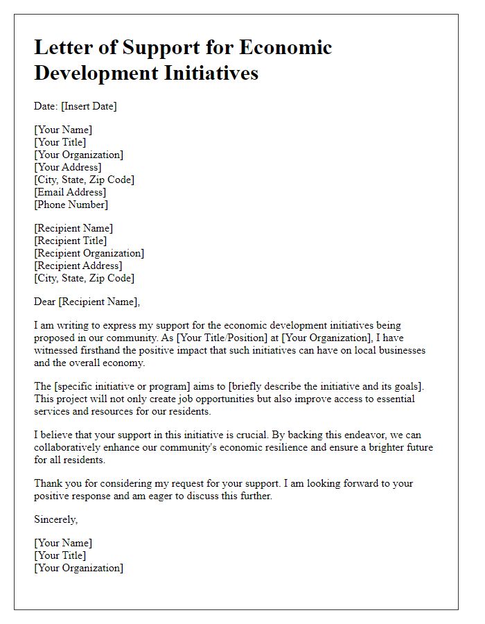 Letter template of support request for economic development initiatives