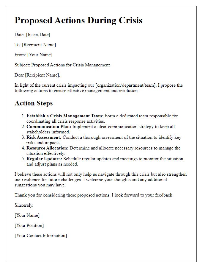 Letter template of proposed actions during a crisis