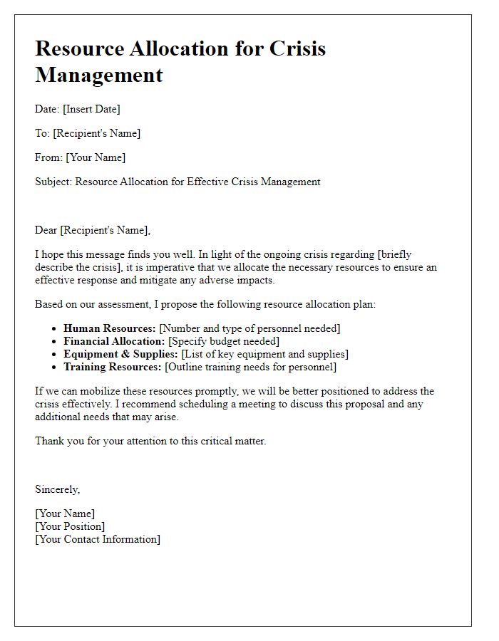 Letter template of resource allocation for crisis management