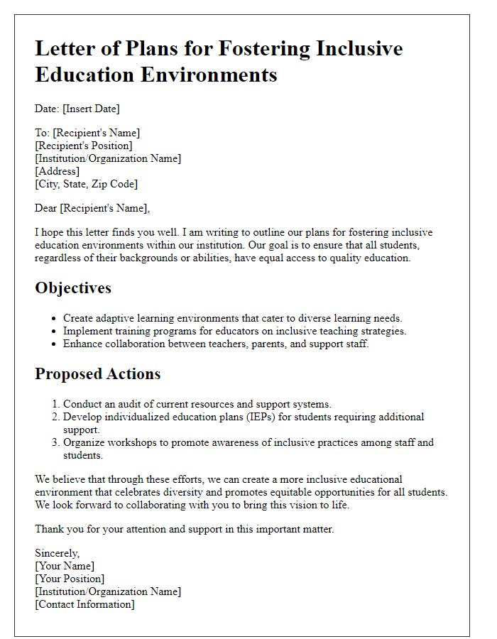 Letter template of plans for fostering inclusive education environments.