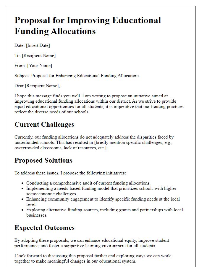 Letter template of proposals for improving educational funding allocations.