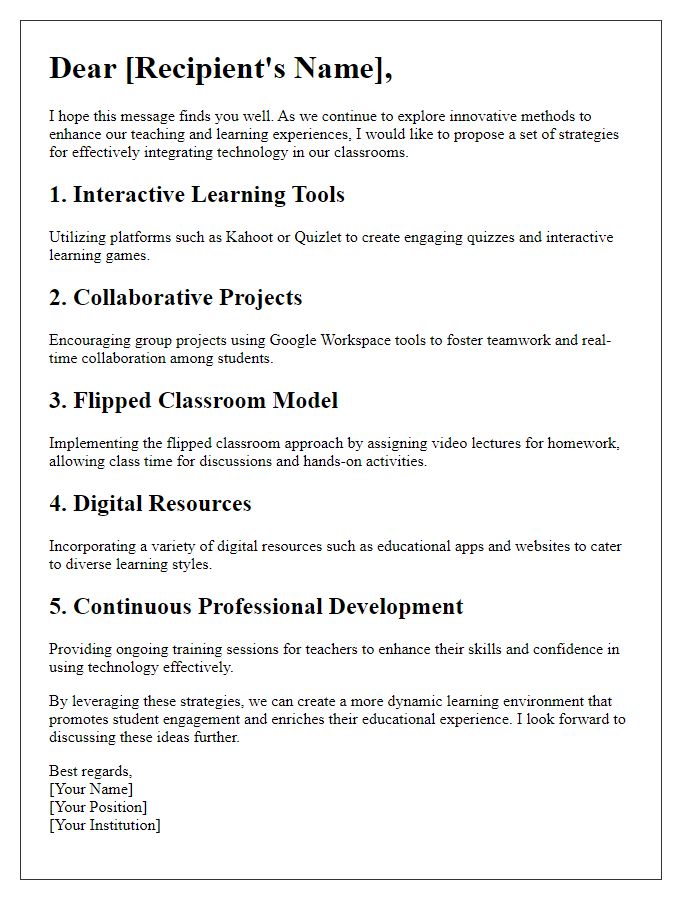 Letter template of strategies for integrating technology in classrooms.