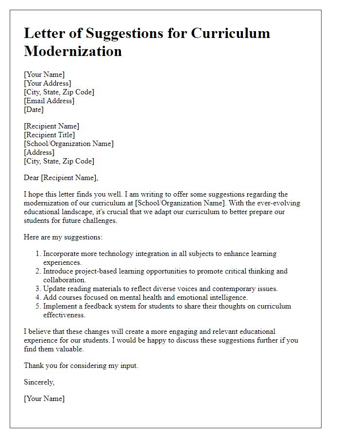 Letter template of suggestions for curriculum modernization.