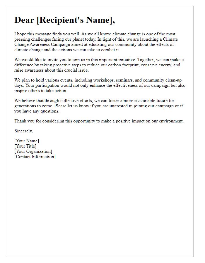 Letter template of Climate Change Awareness Campaign