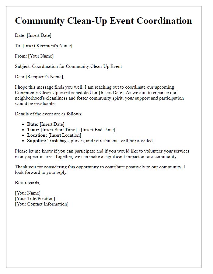 Letter template of Community Clean-Up Event Coordination