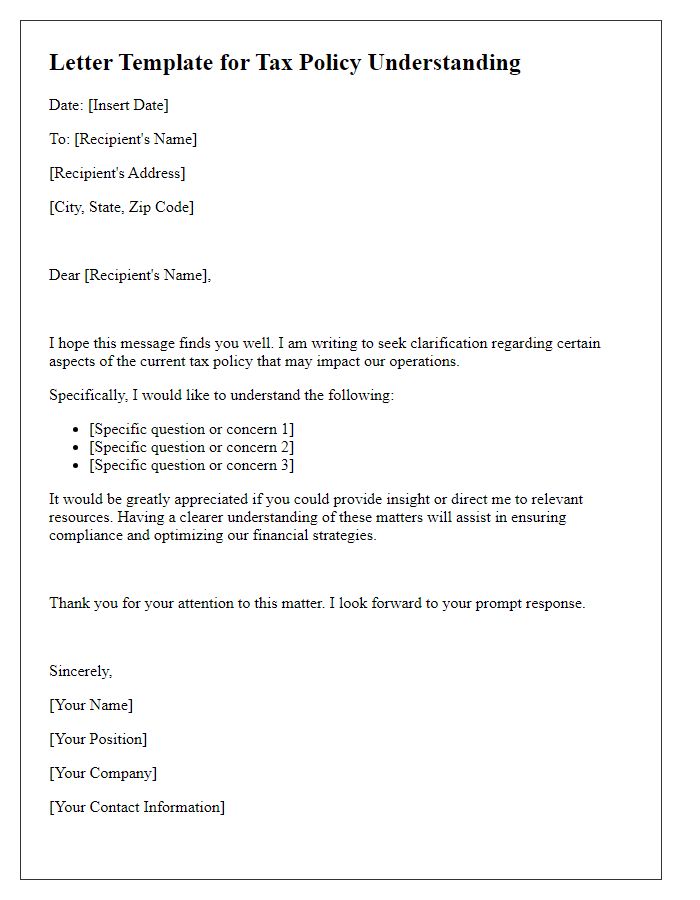 Letter template of correspondence for tax policy understanding