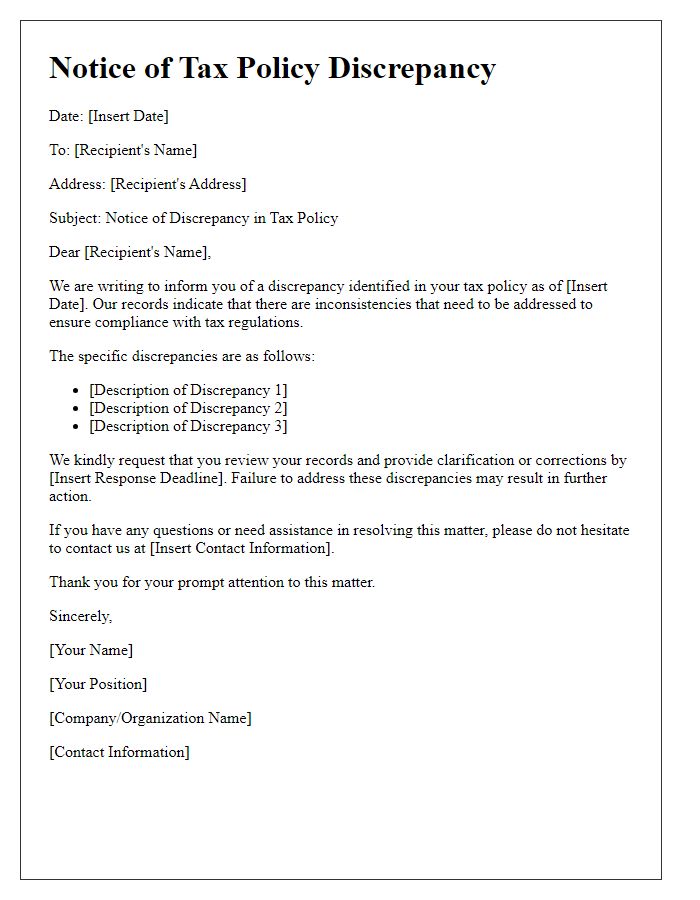 Letter template of notice for tax policy discrepancies