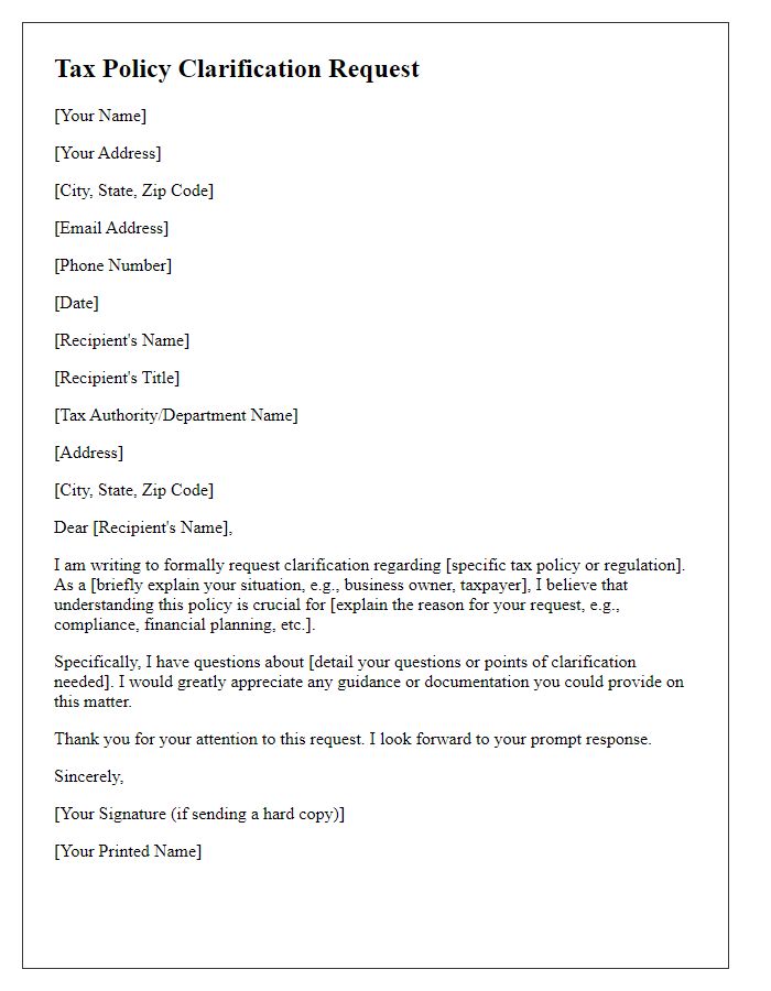 Letter template of request for tax policy clarification