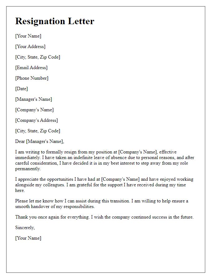 Letter template of resignation after an indefinite leave of absence.