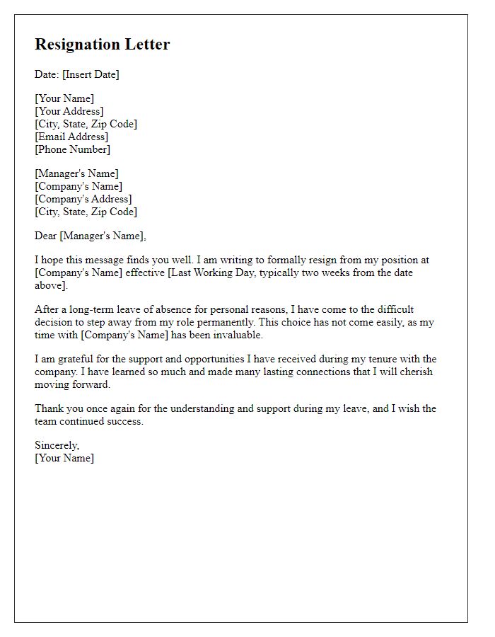 Letter template of resignation after a long-term leave of absence for personal reasons.