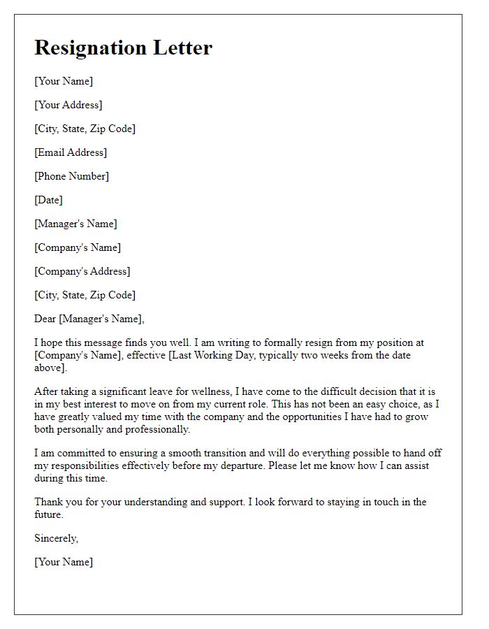 Letter template of resignation after a significant leave for wellness.