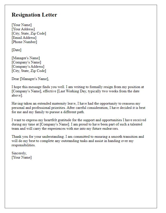 Letter template of resignation post-extended maternity leave.