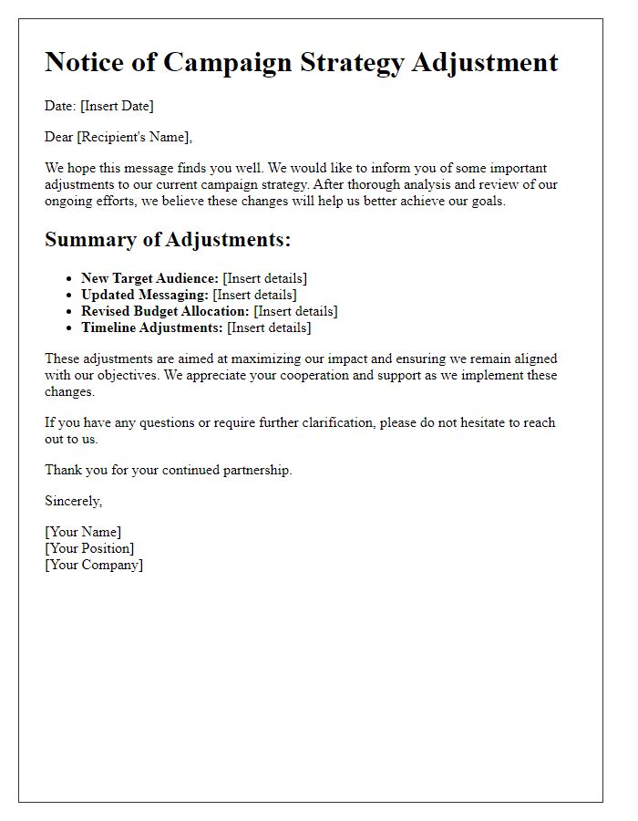 Letter template of campaign strategy adjustment notice