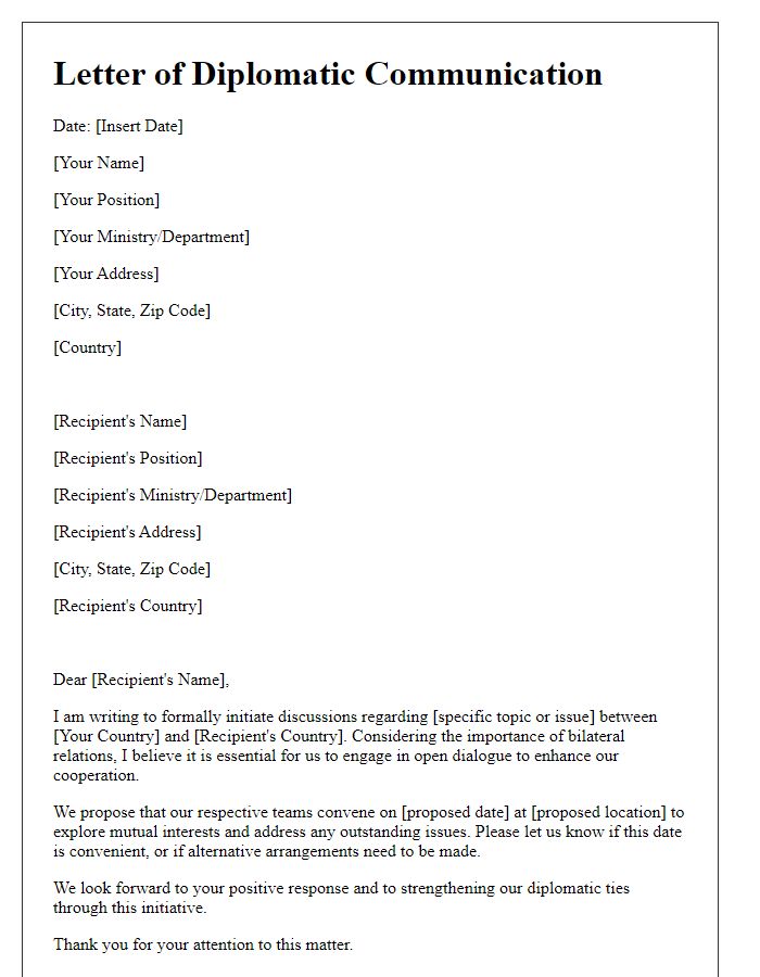 Letter template of diplomatic communication for bilateral discussions.