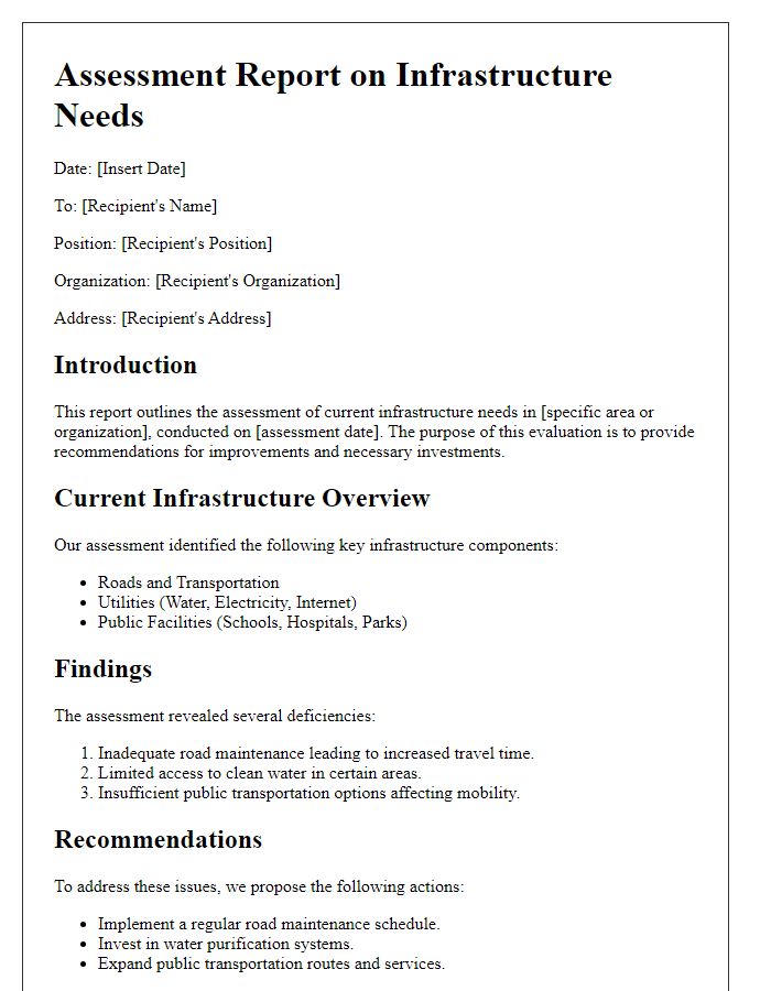 Letter template of assessment report on infrastructure needs