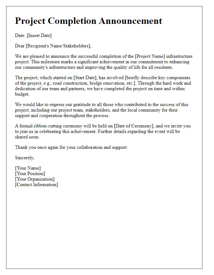 Letter template of project completion announcement for infrastructure