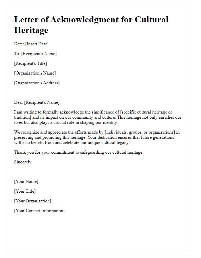 Letter template of acknowledgment for cultural heritage