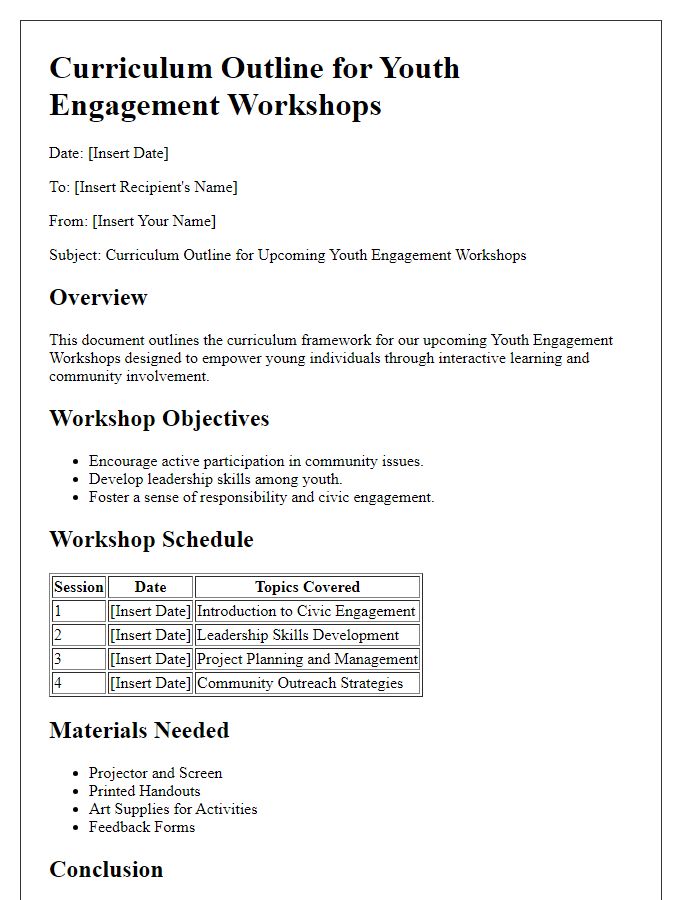 Letter template of curriculum outline for youth engagement workshops