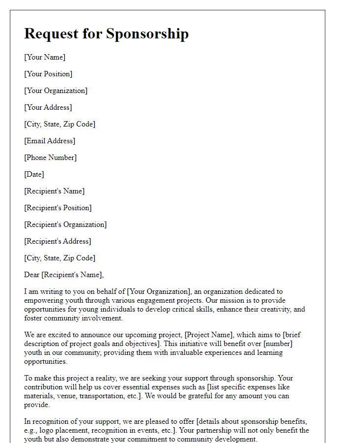 Letter template of sponsorship appeal for youth engagement projects