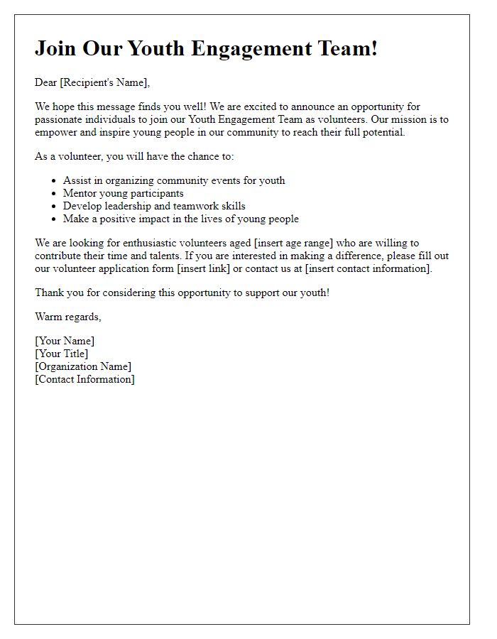 Letter template of volunteer recruitment for youth engagement teams