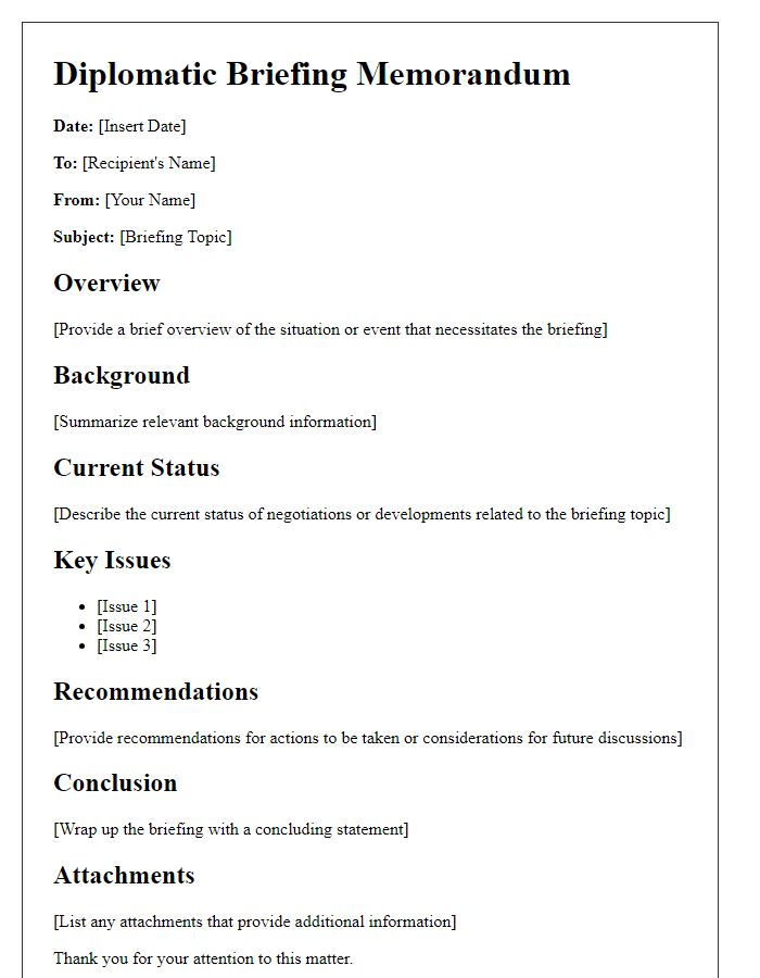 Letter template of diplomatic briefing documentation