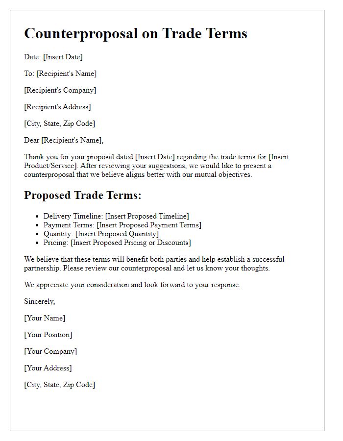 Letter template of counterproposal on trade terms