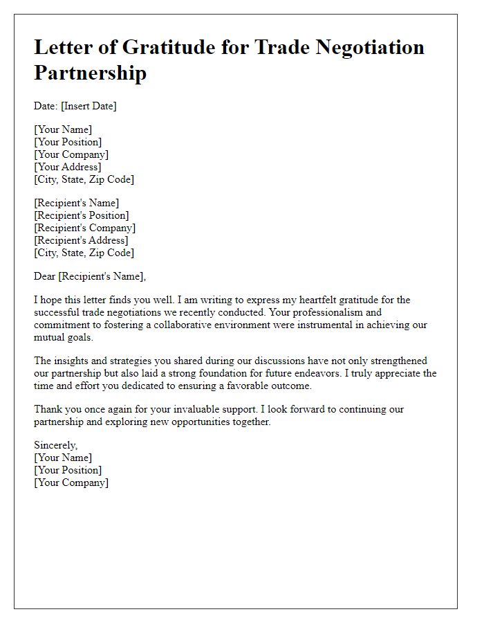 Letter template of gratitude for trade negotiation partnership