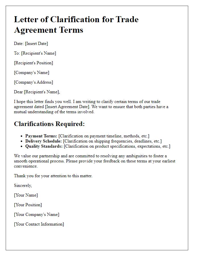 Letter template of trade agreement terms clarification