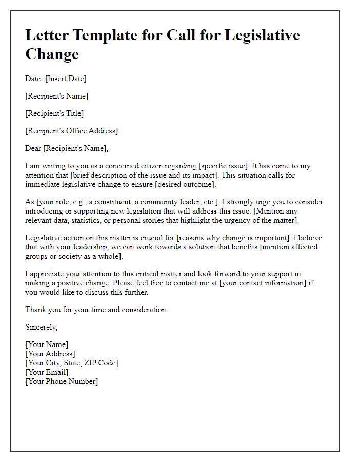 Letter template of call for legislative change