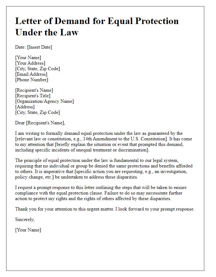 Letter template of demand for equal protection under the law