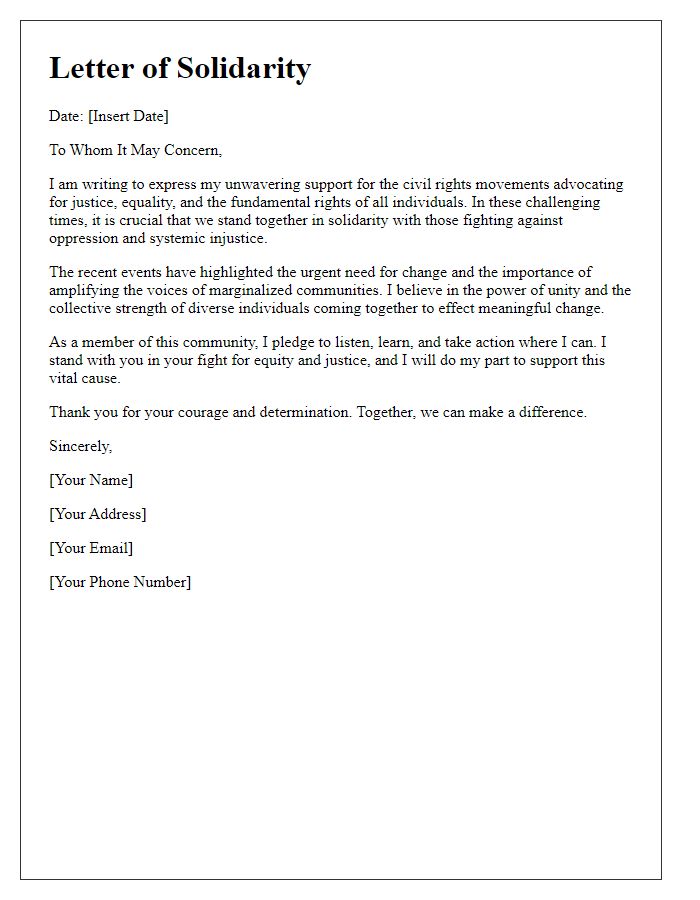 Letter template of solidarity with civil rights movements