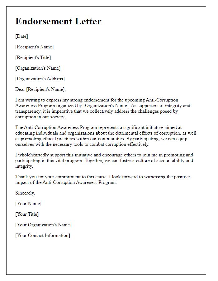 Letter template of endorsement for anti-corruption awareness program